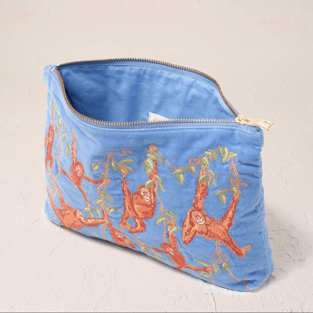 Orangutans Caribbean Blue Velvet Large Everyday Pouch by Elizabeth Scarlett