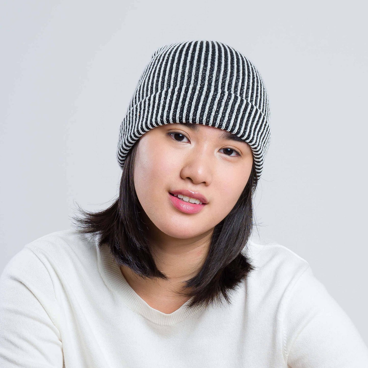 Rib Knit Beanie: Black White