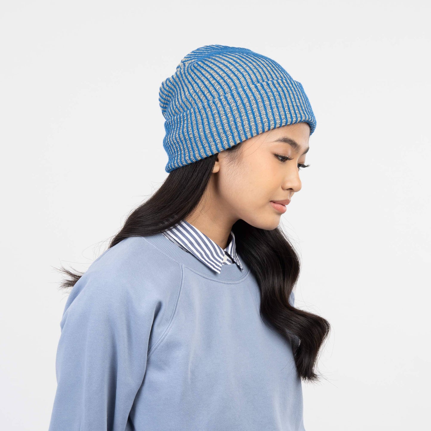 Simple Rib Knit Beanie: Cobalt Sand