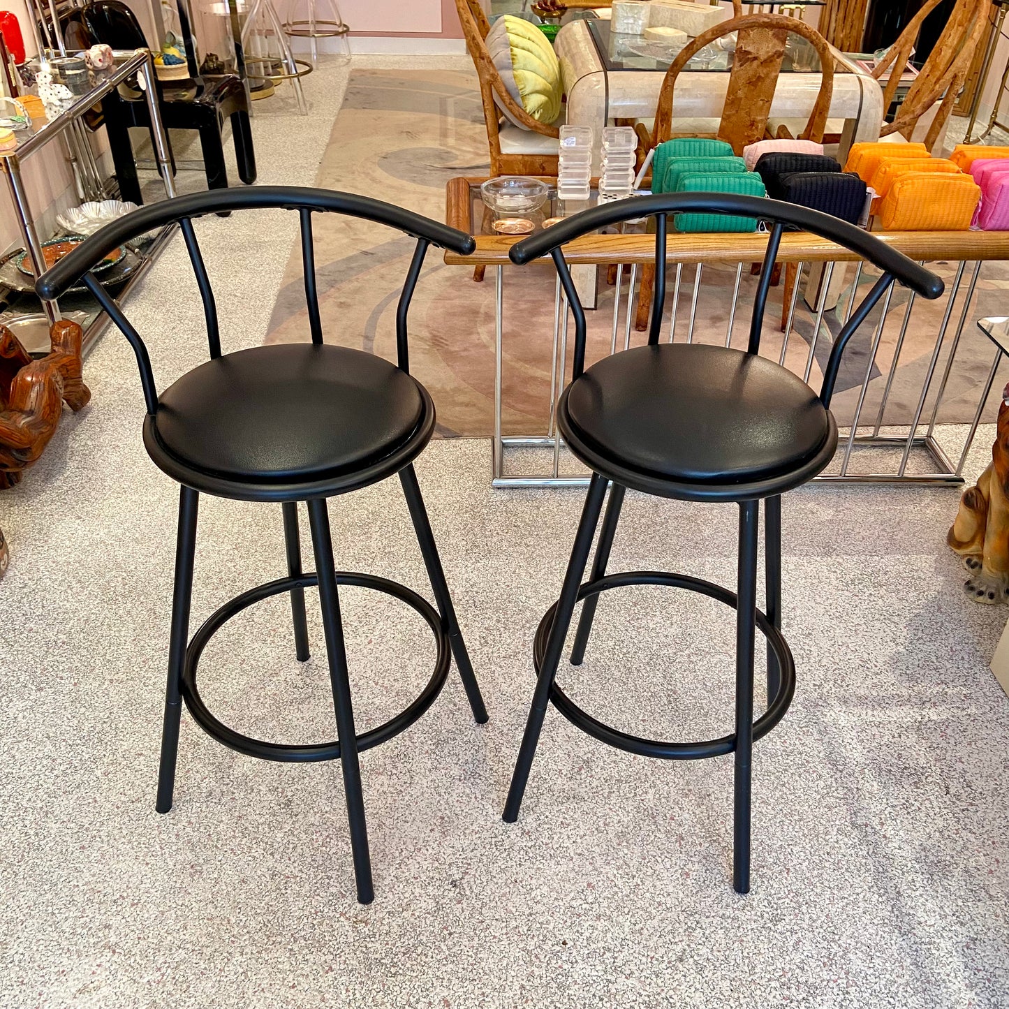 Pair of Black Crown Back Swivel Bar Chairs