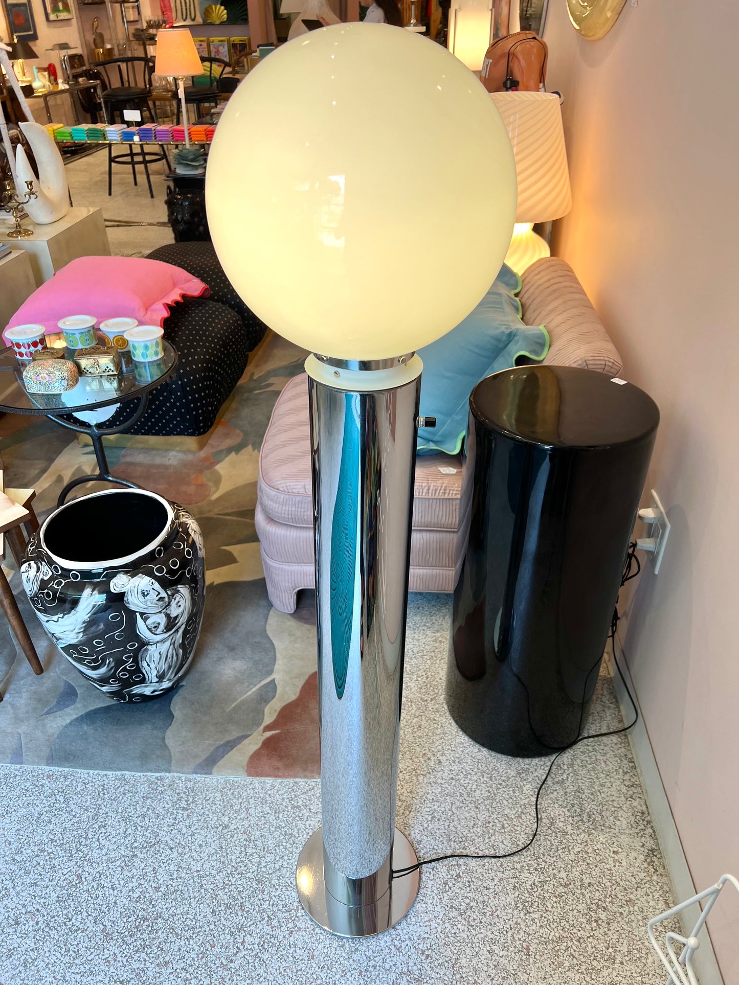 ON HOLD Vintage Chrome Floor Lamp with Large Glass Globe by Robert Sonneman