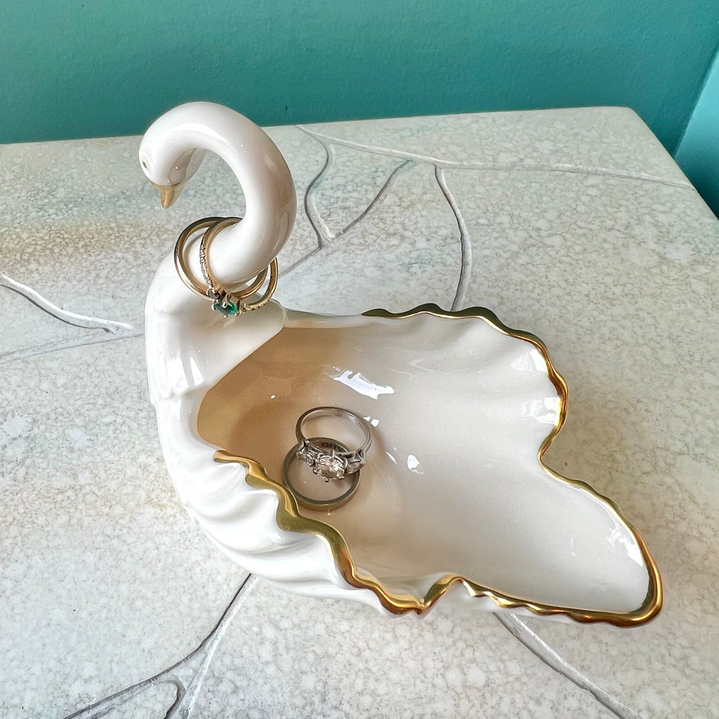 Vintage White Porcelain and Gold Swan Ring Dish By Lenox