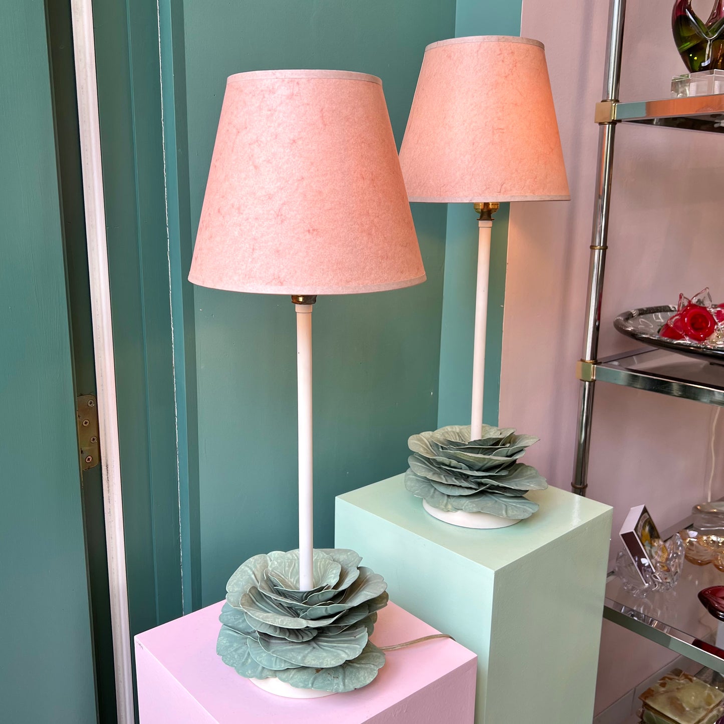 Pair of Vintage Metal Cabbage Lamps with Blush Shades