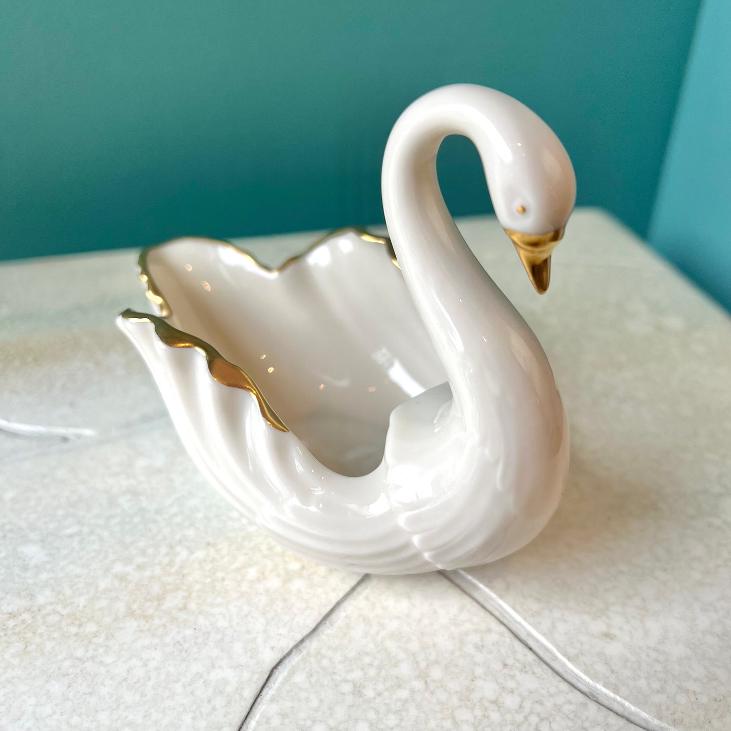 Vintage White Porcelain and Gold Swan Ring Dish By Lenox