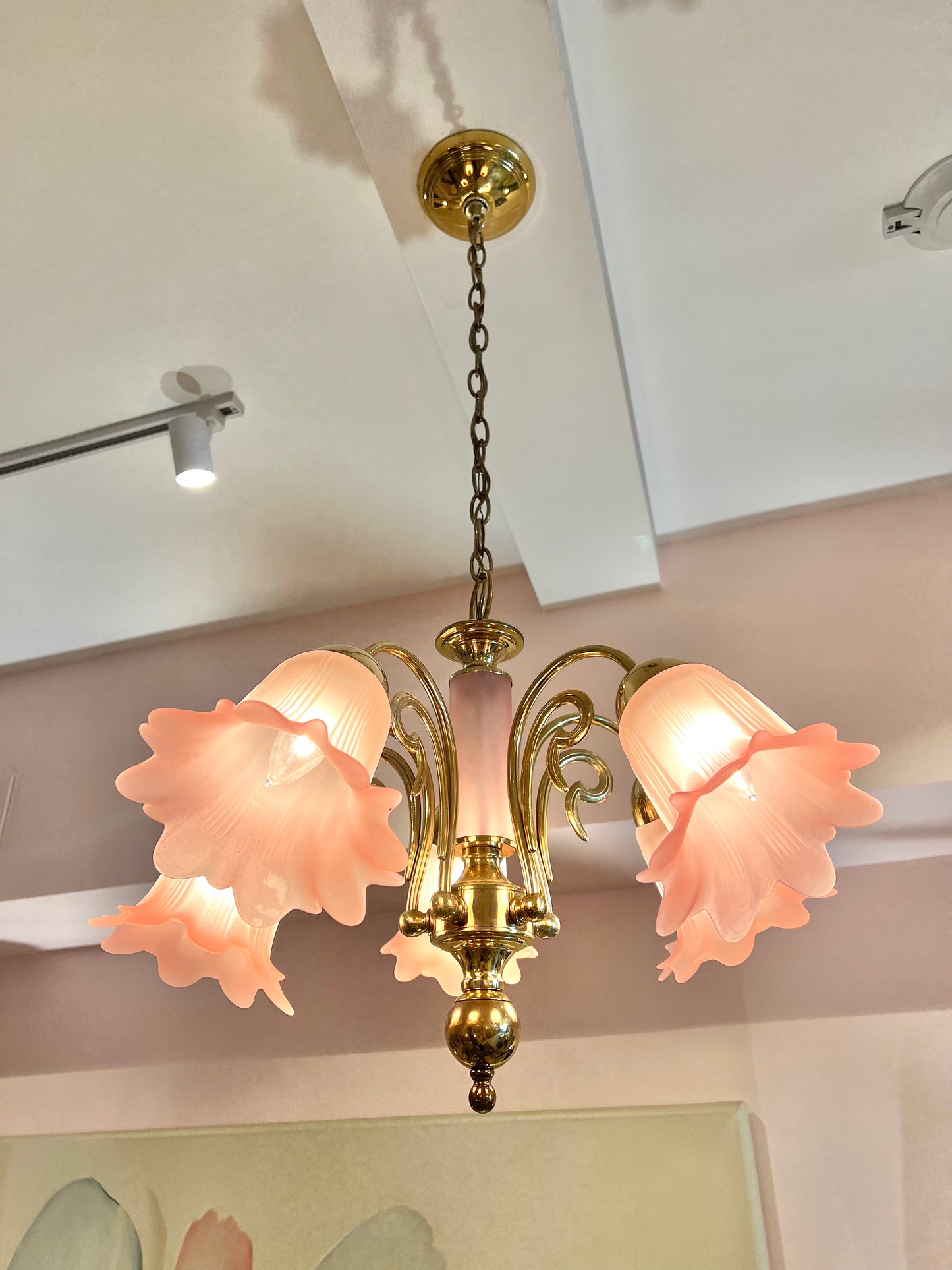 Vintage Pink Murano Glass Style Flower Shade Chandelier