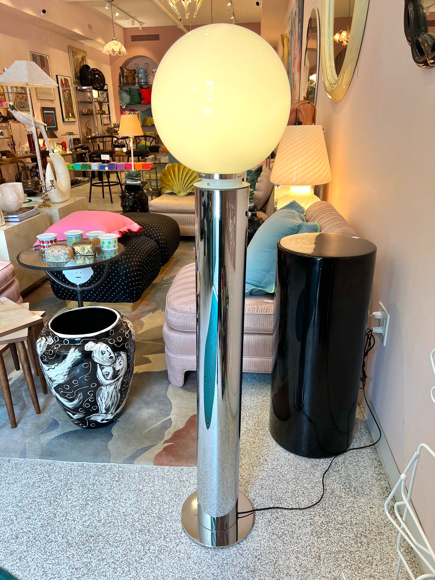 ON HOLD Vintage Chrome Floor Lamp with Large Glass Globe by Robert Sonneman