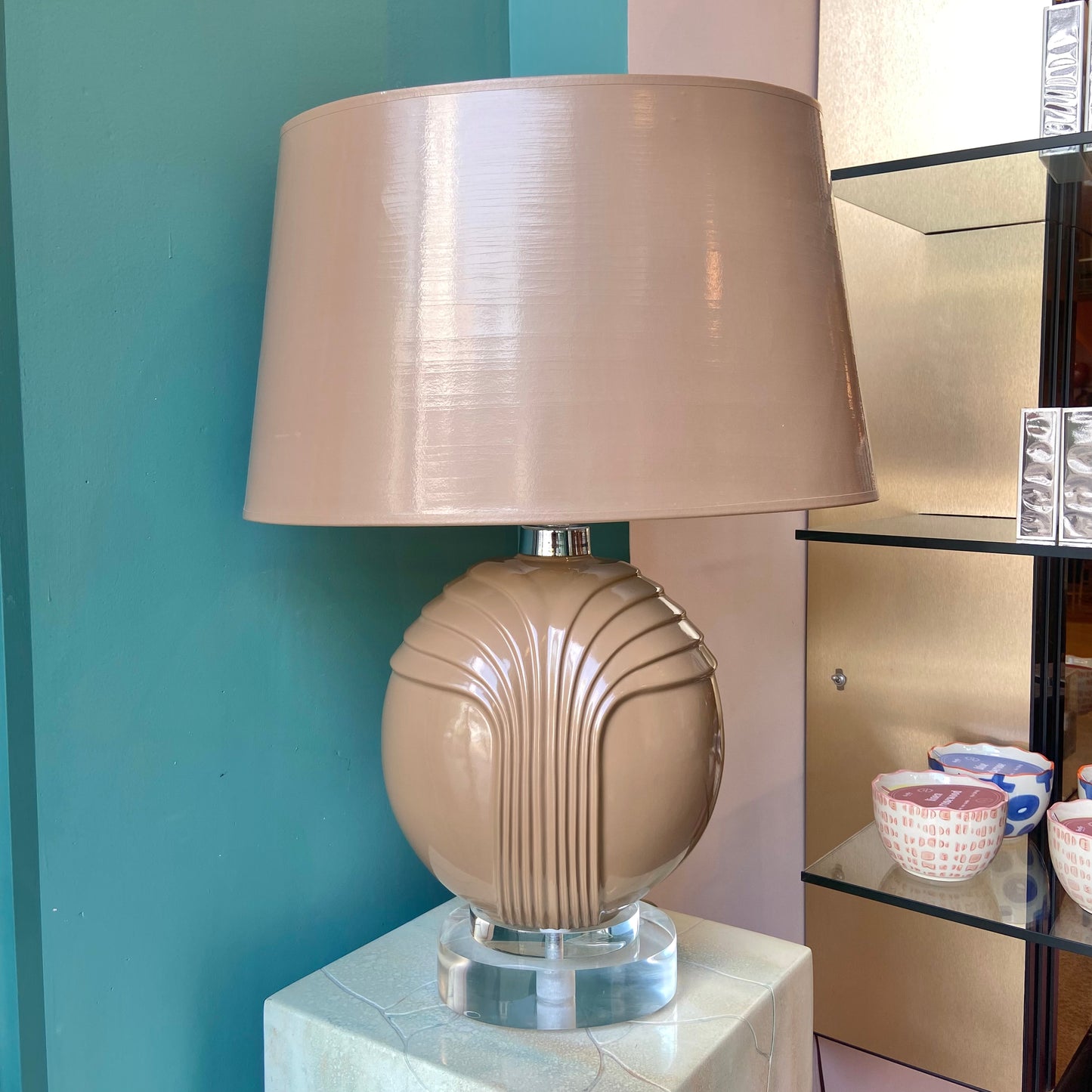 Vintage Art Deco Style Taupe Ceramic and Lucite Table Lamp