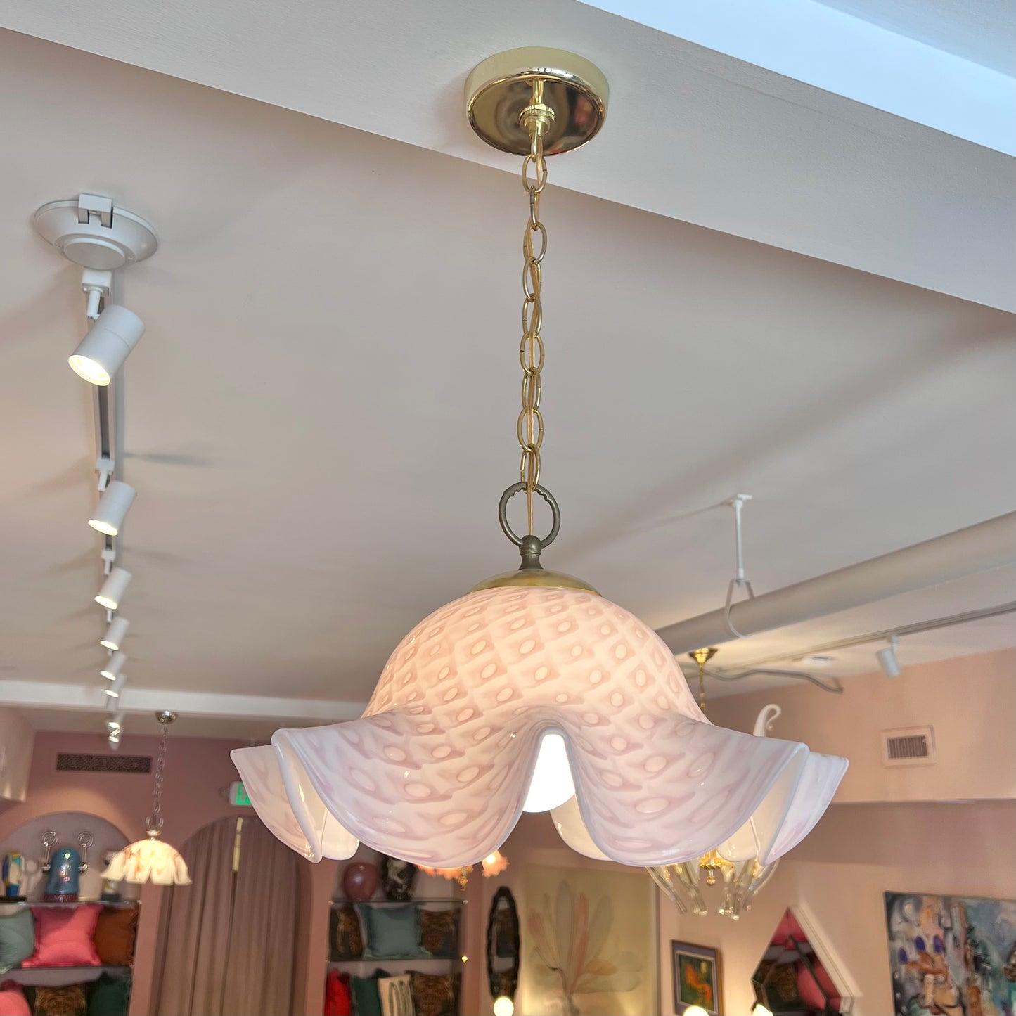 Vintage Murano Style Pink Speckled Pendant Chandelier