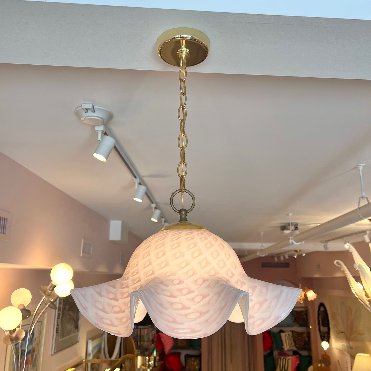 Vintage Murano Style Pink Speckled Pendant Chandelier