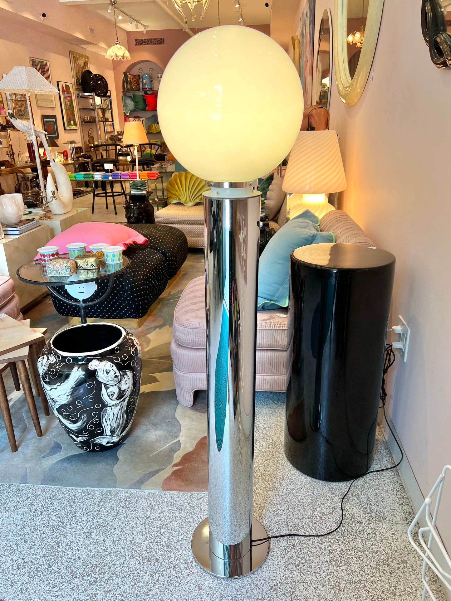 ON HOLD Vintage Chrome Floor Lamp with Large Glass Globe by Robert Sonneman