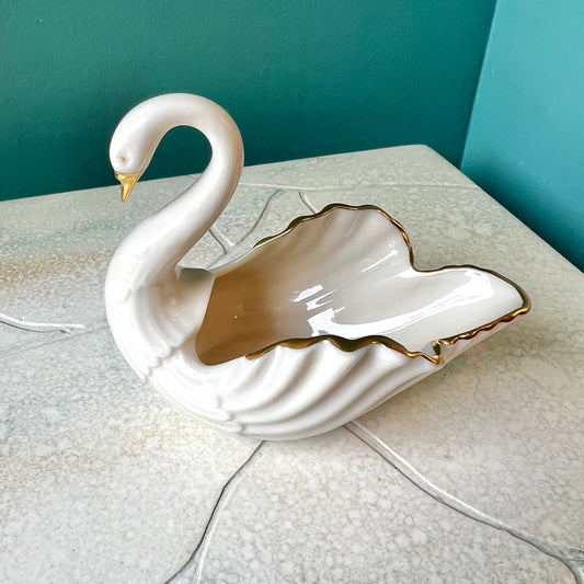 Vintage White Porcelain and Gold Swan Ring Dish By Lenox