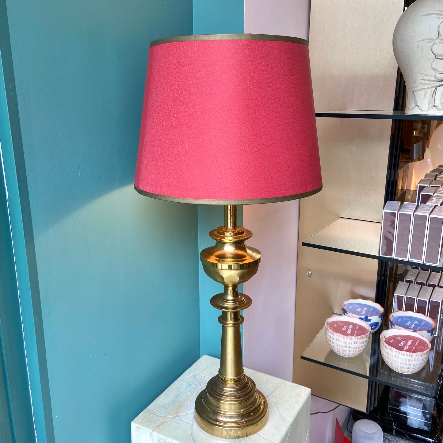 Vintage Mid Century Brass Table Lamp with Red Shade