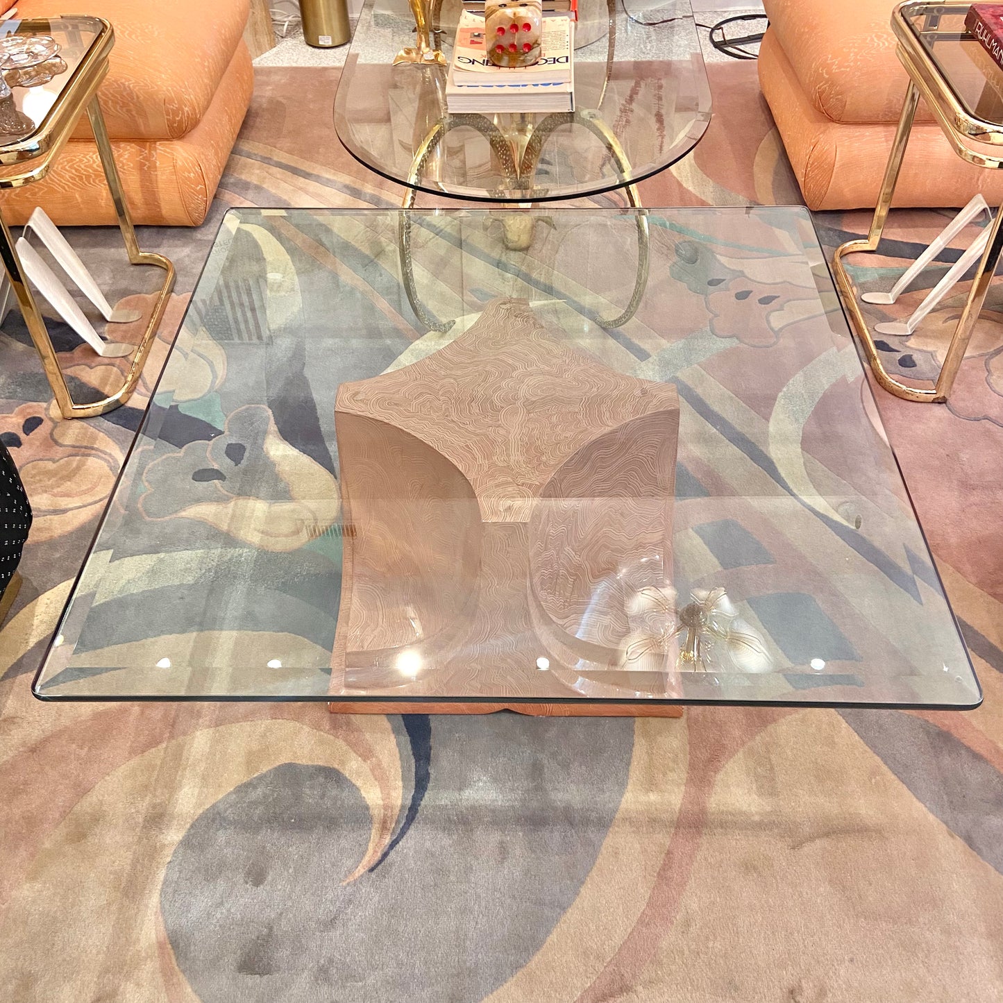 Vintage Square Fiberglass Faux Stone Swirl Base Coffee Table