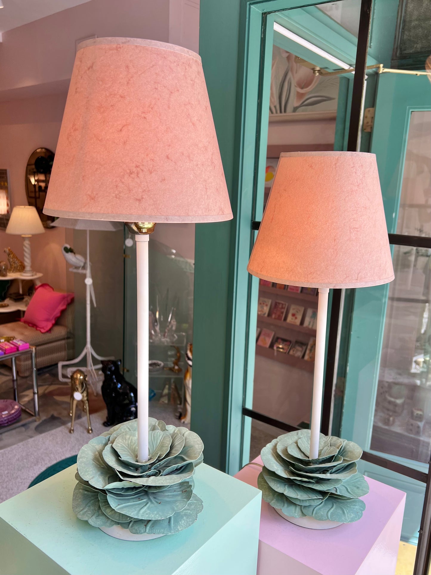 Pair of Vintage Metal Cabbage Lamps with Blush Shades