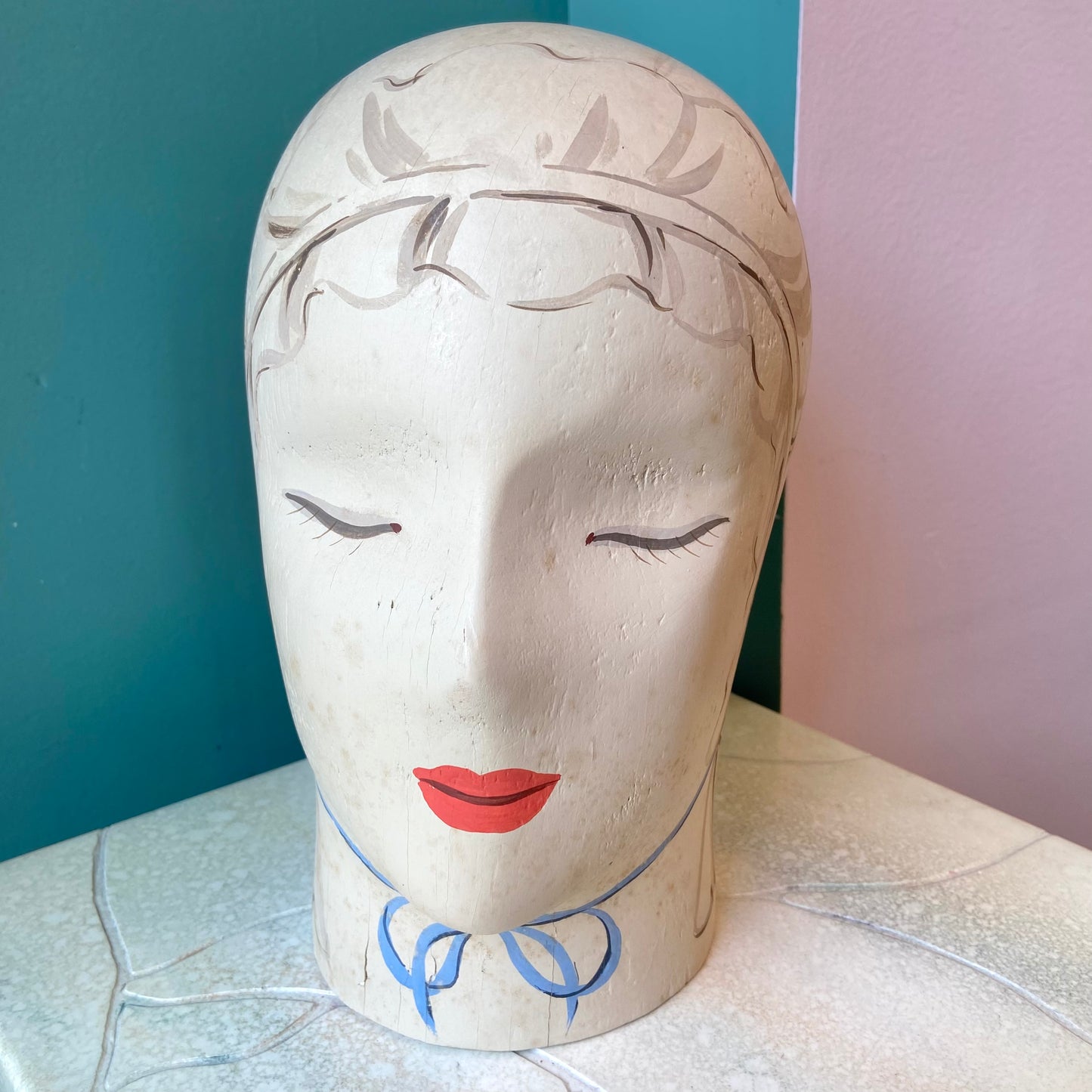 1950's Hand Painted Wooden Mannequin Head/item