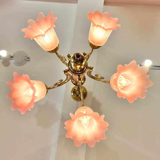 Vintage Pink Murano Glass Style Flower Shade Chandelier