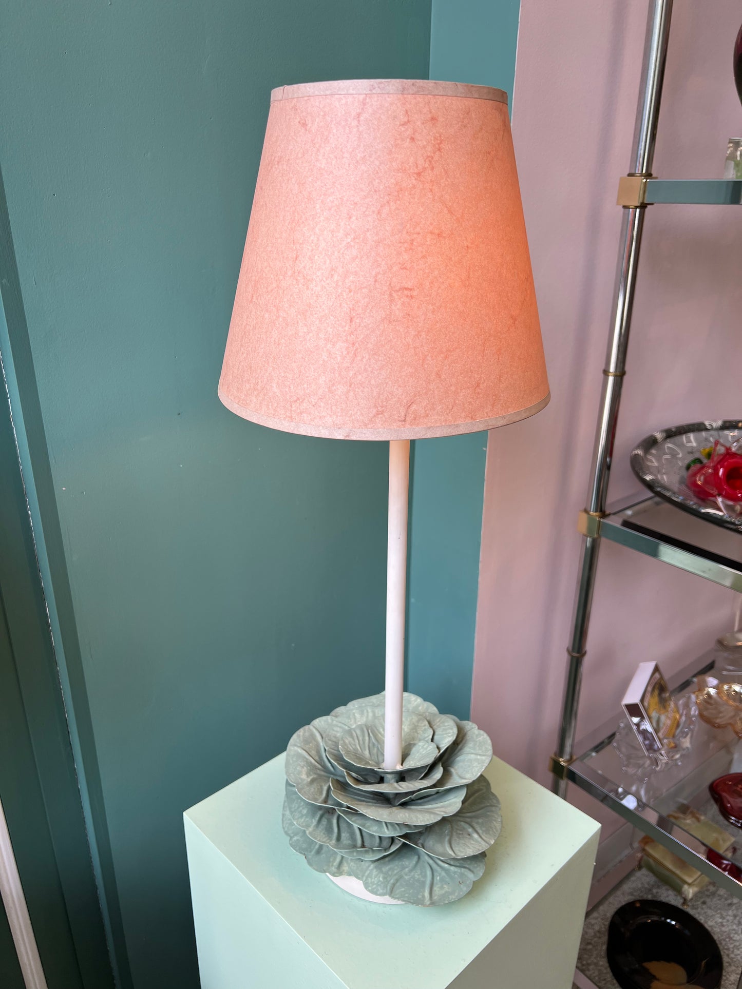 Pair of Vintage Metal Cabbage Lamps with Blush Shades