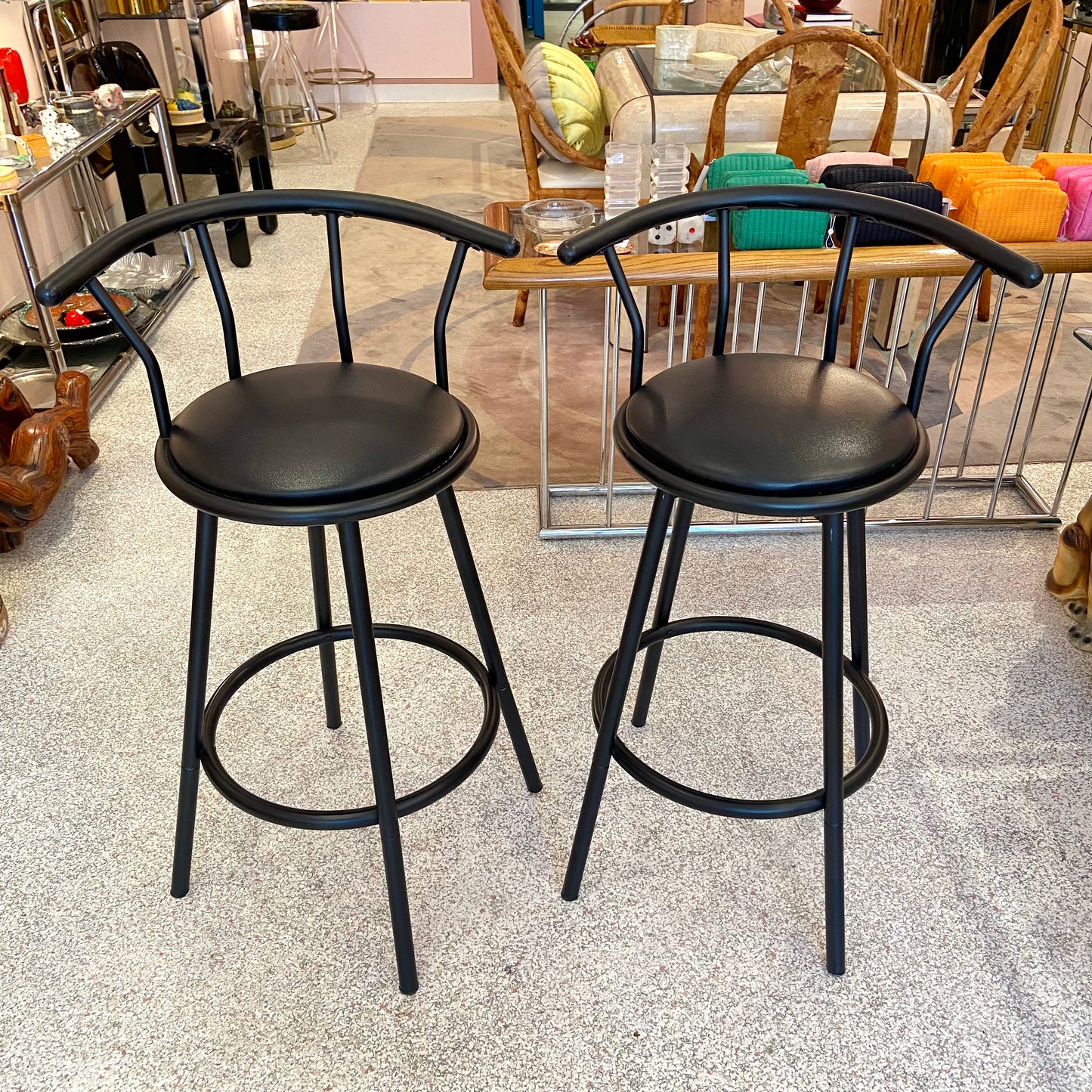 Pair of Black Crown Back Swivel Bar Chairs