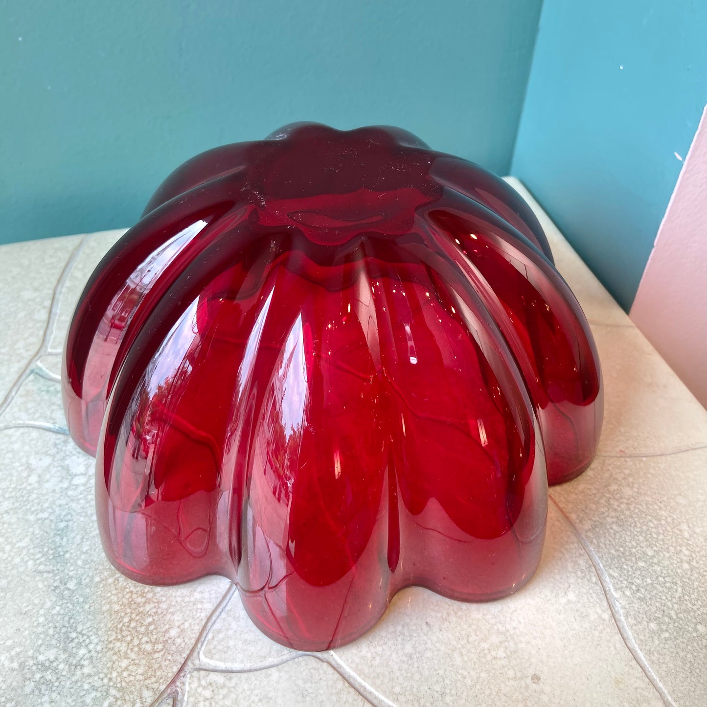 Vintage Crystal Ruby Scalloped Edge Serving Bowl