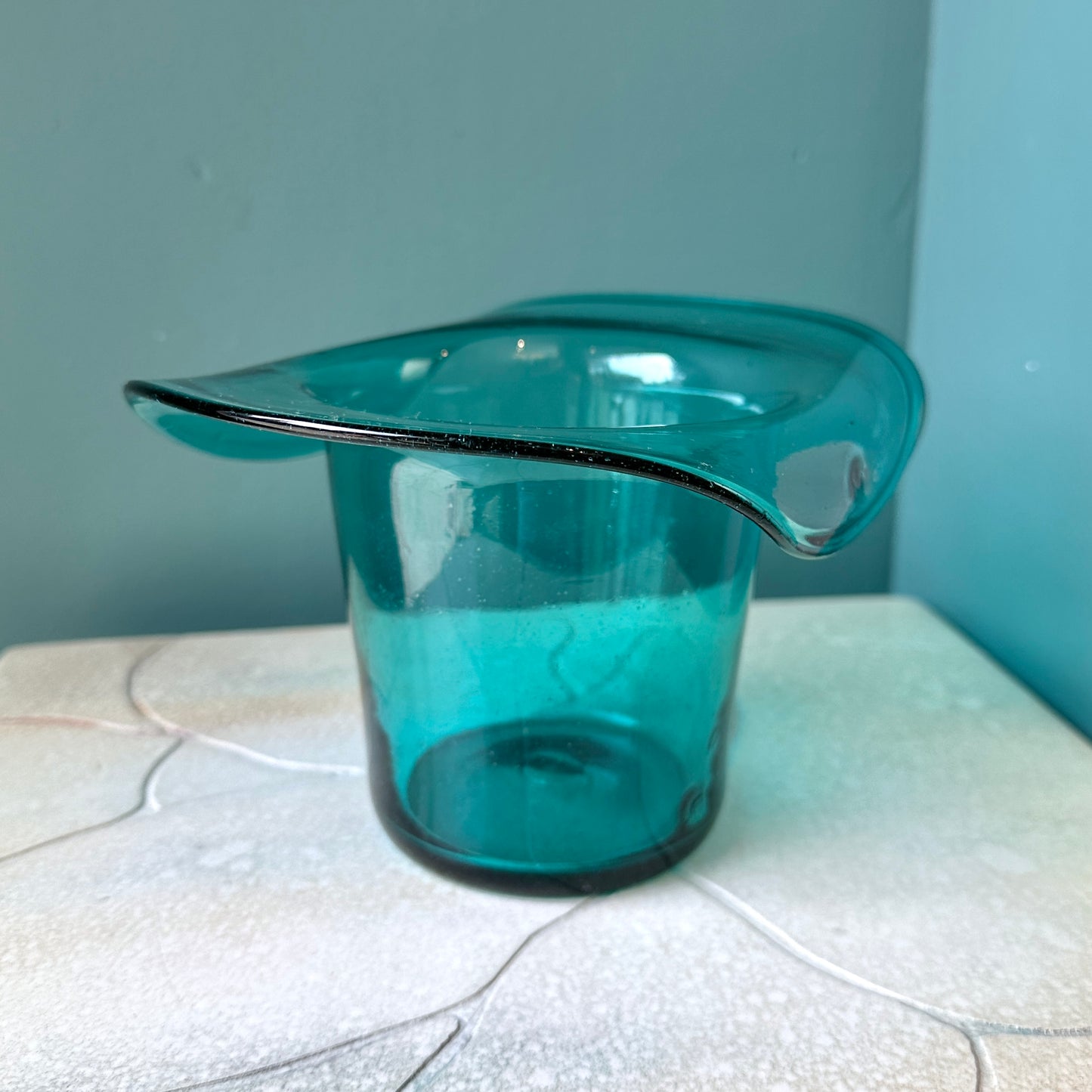 Vintage Fenton Style Teal Colored Glass Top Hat Vase
