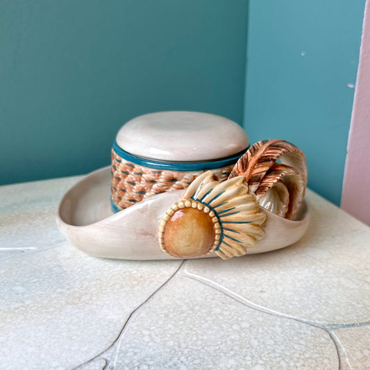 Vintage Fitz and Floyd Feathered Ceramic Hat Trinket Box