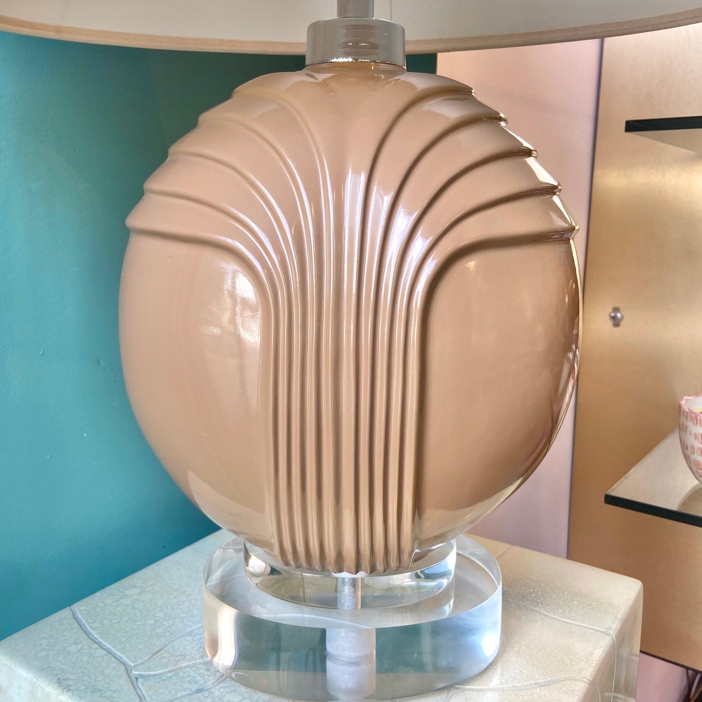 Vintage Art Deco Style Taupe Ceramic and Lucite Table Lamp