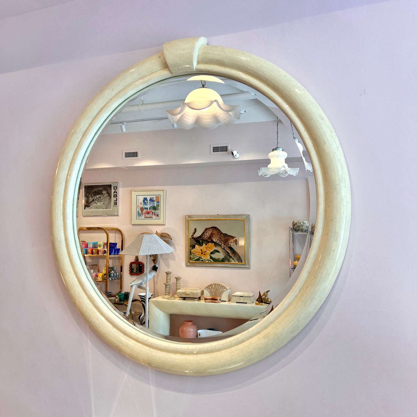 Vintage Extra Large Circular Tessellated Bone Mirror by Enrique Garcel