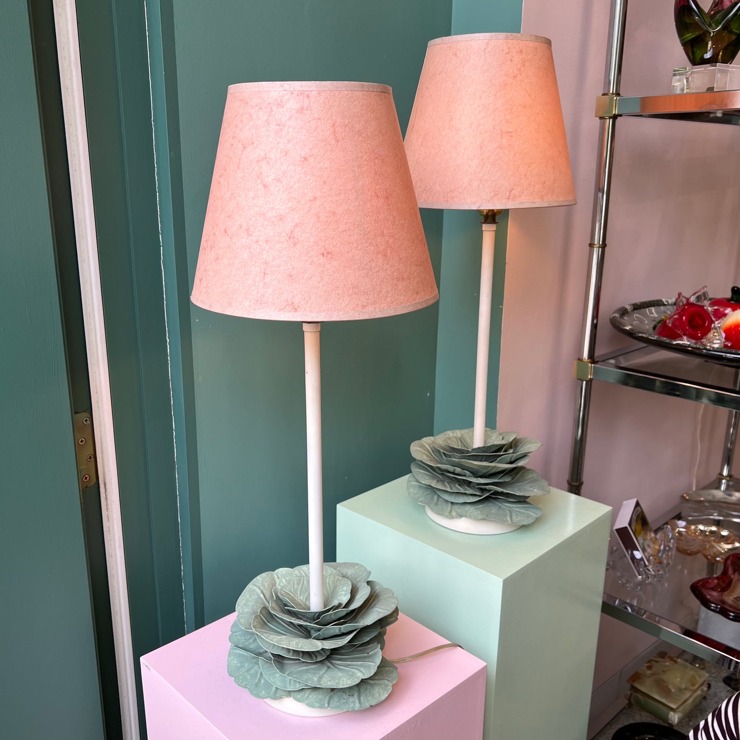 Pair of Vintage Metal Cabbage Lamps with Blush Shades