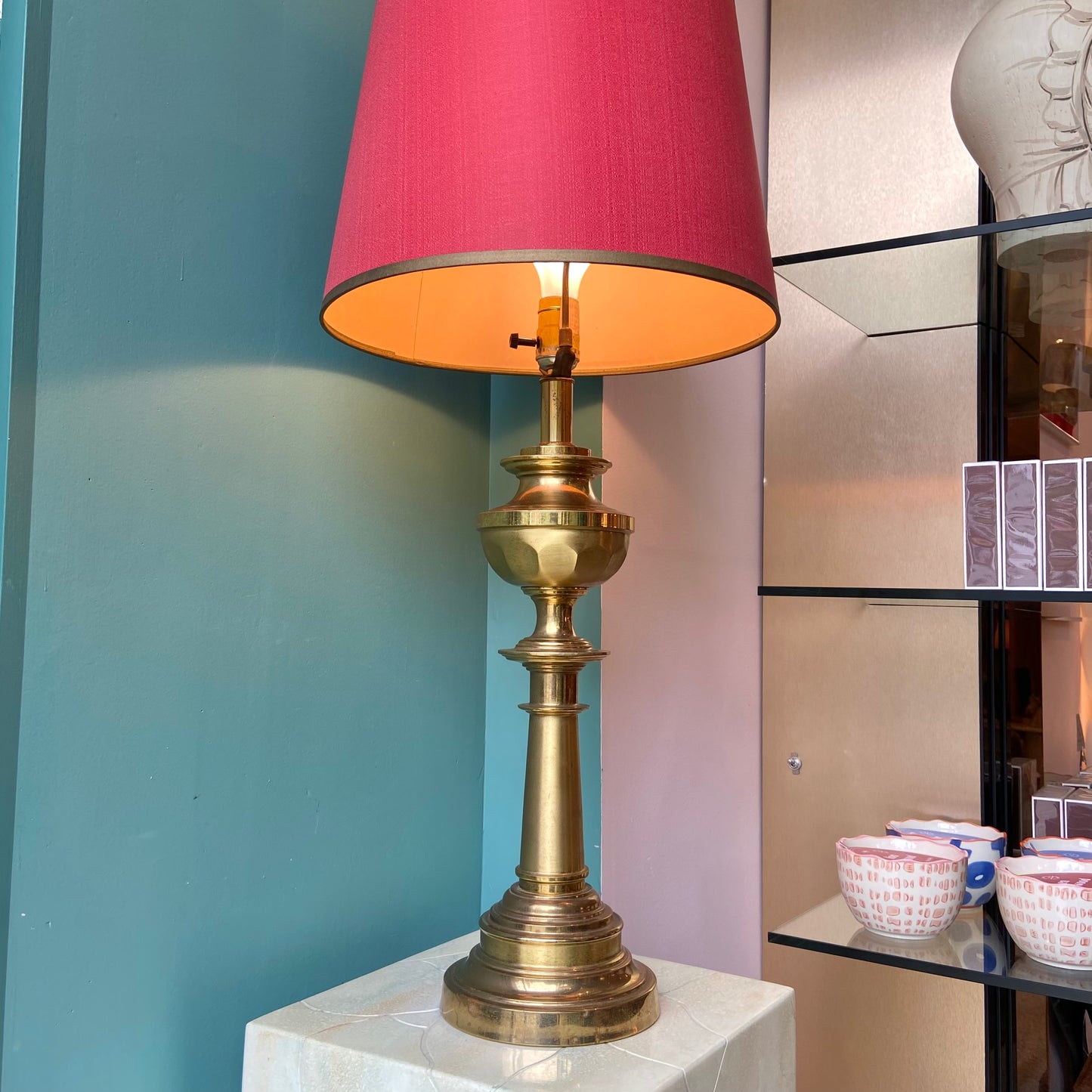 Vintage Mid Century Brass Table Lamp with Red Shade