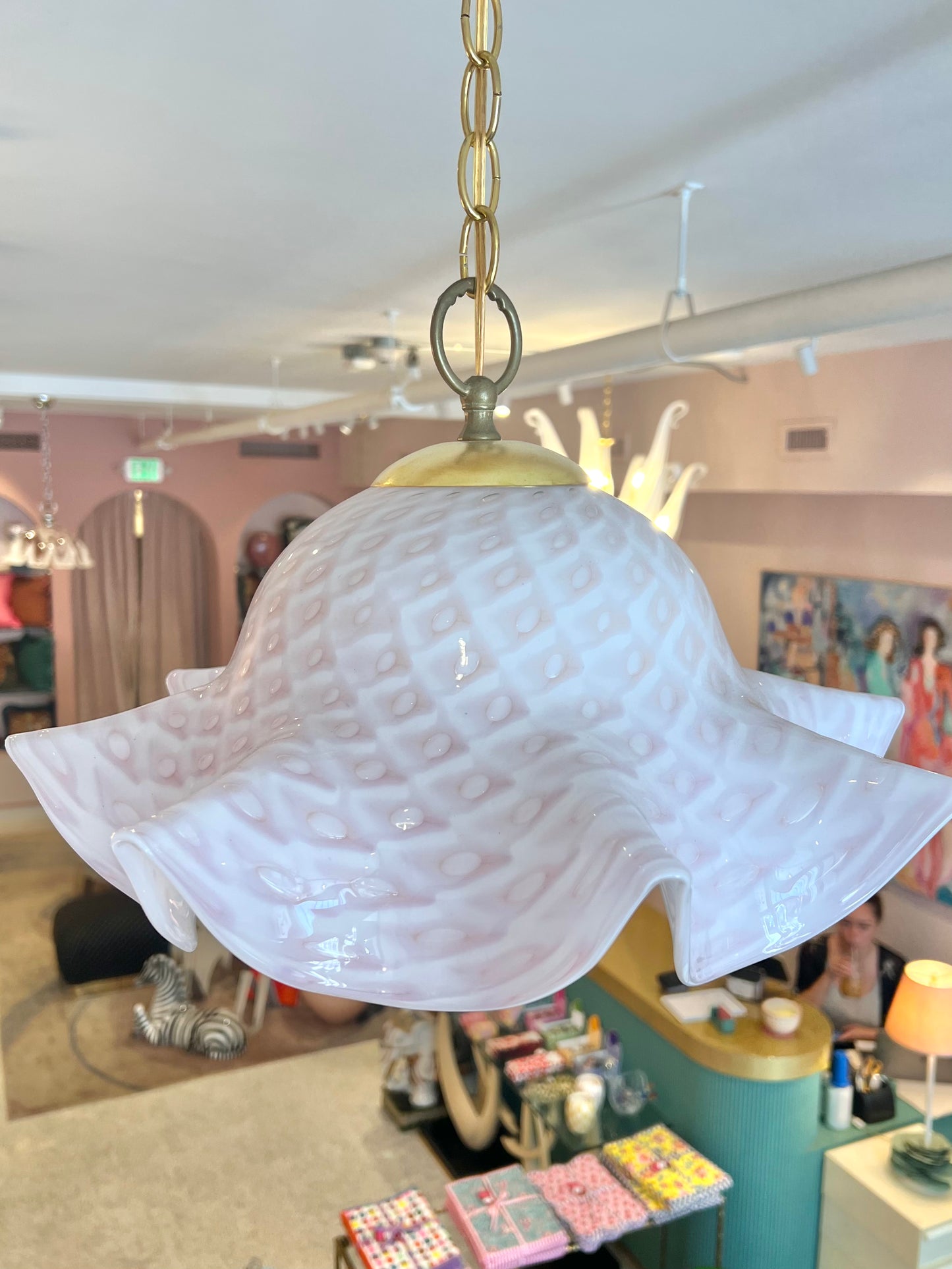 Vintage Murano Style Pink Speckled Pendant Chandelier