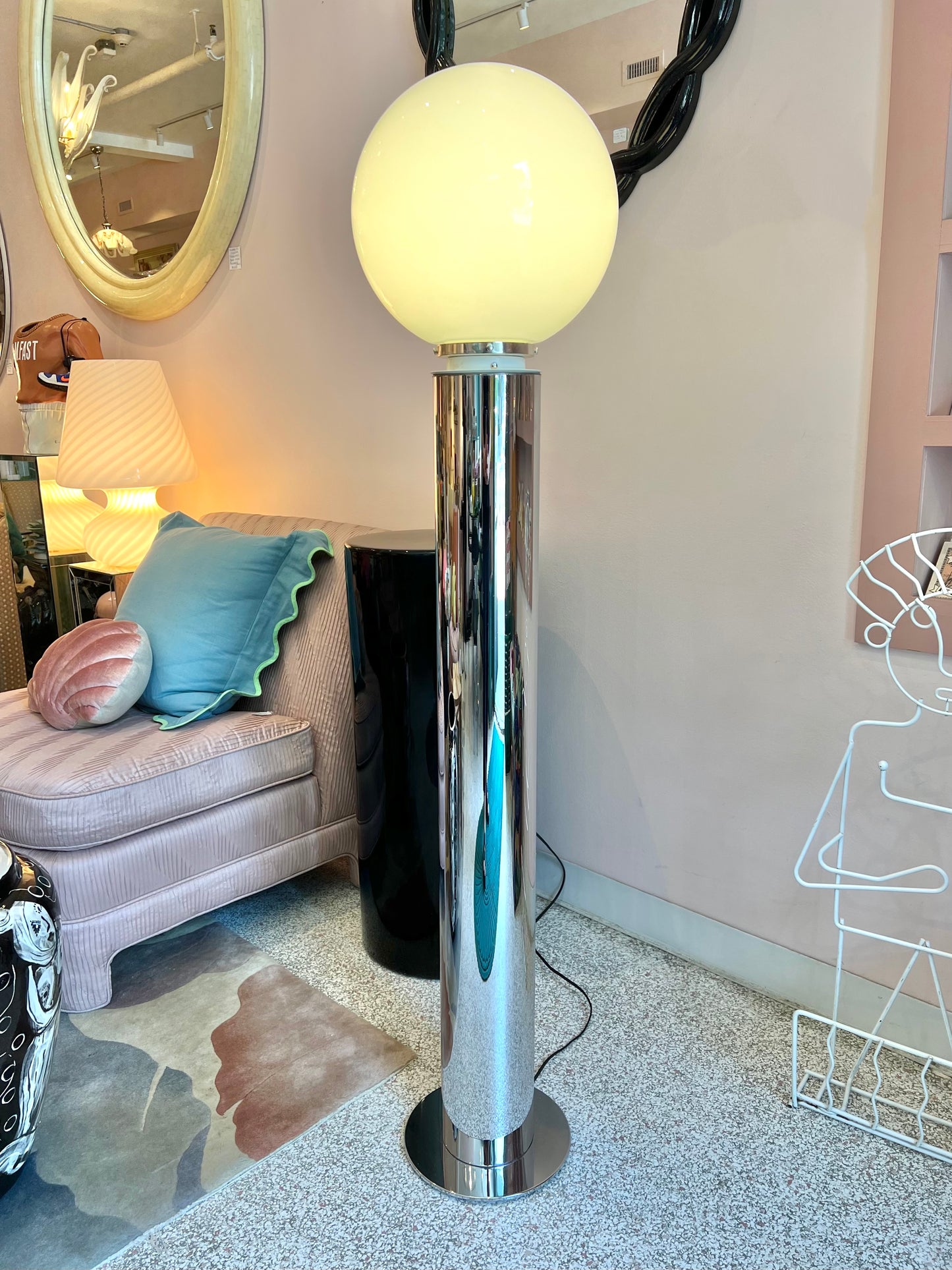 ON HOLD Vintage Chrome Floor Lamp with Large Glass Globe by Robert Sonneman