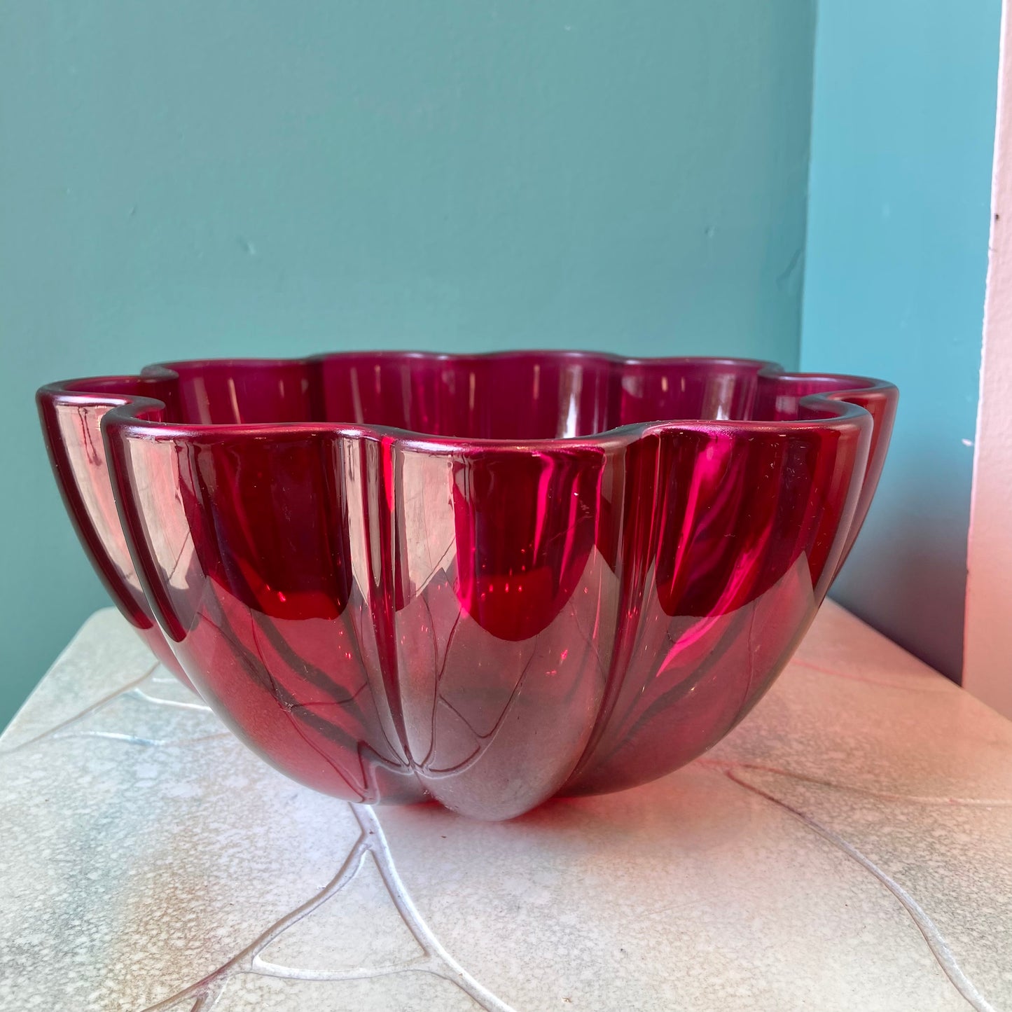 Vintage Crystal Ruby Scalloped Edge Serving Bowl