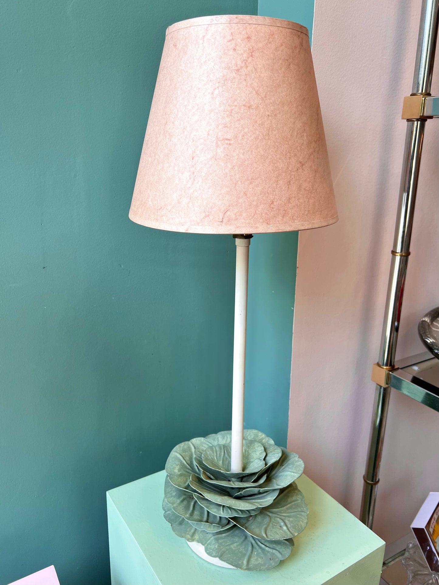 Pair of Vintage Metal Cabbage Lamps with Blush Shades