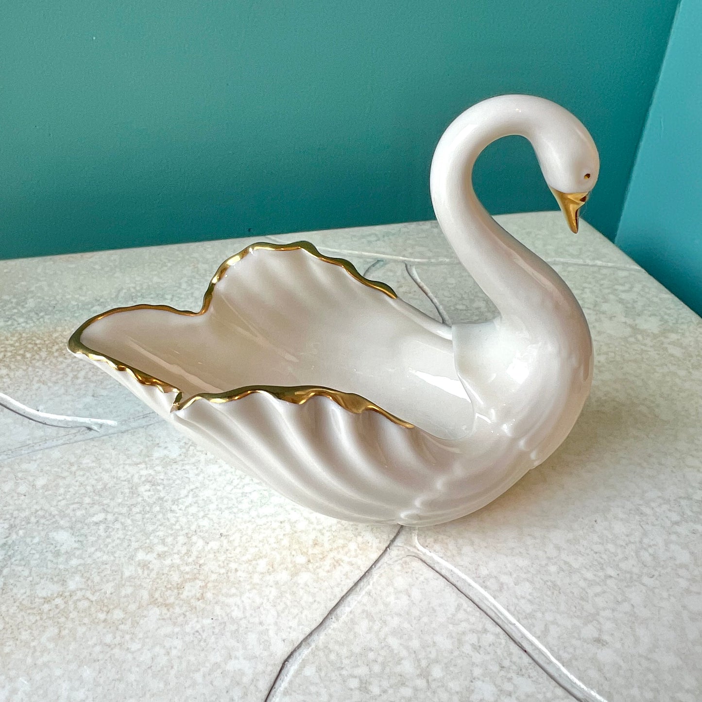 Vintage White Porcelain and Gold Swan Ring Dish By Lenox