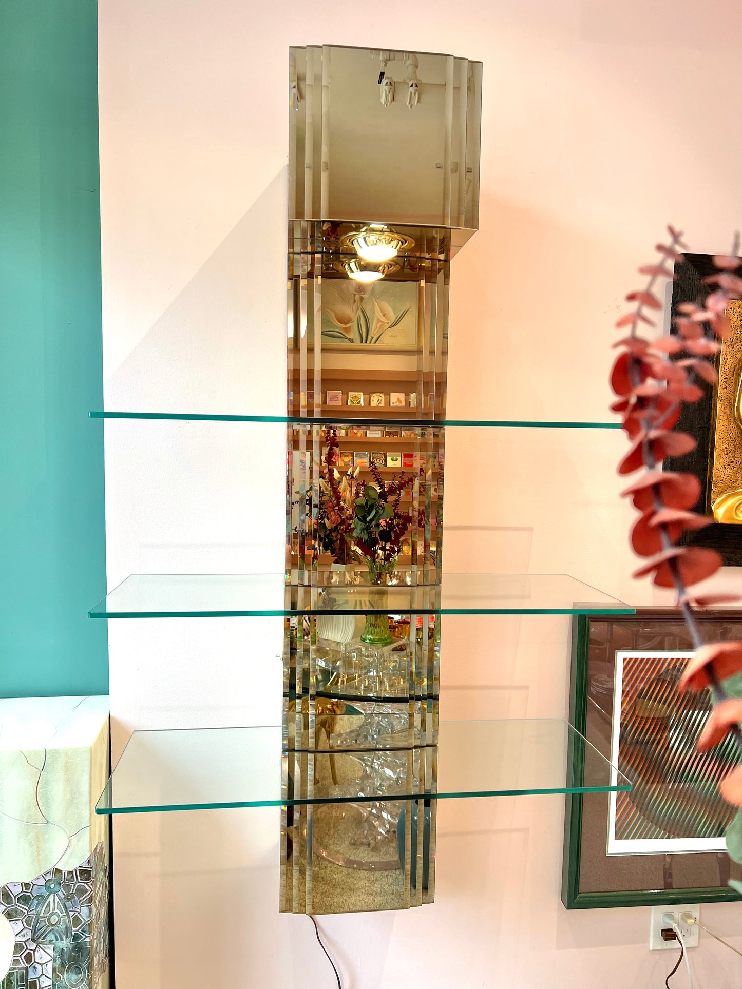 Vintage Paul Evans Style Bronze Mirrored Light Up Floating Shelves