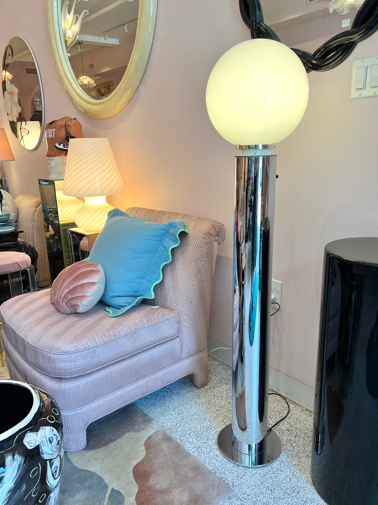 ON HOLD Vintage Chrome Floor Lamp with Large Glass Globe by Robert Sonneman