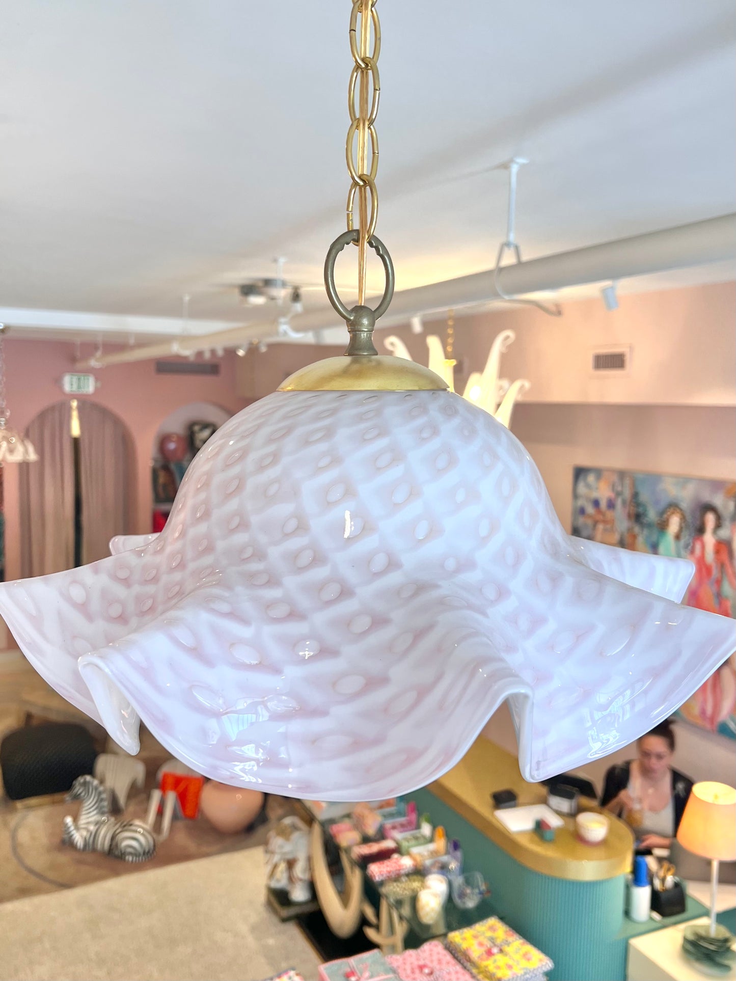 Vintage Murano Style Pink Speckled Pendant Chandelier