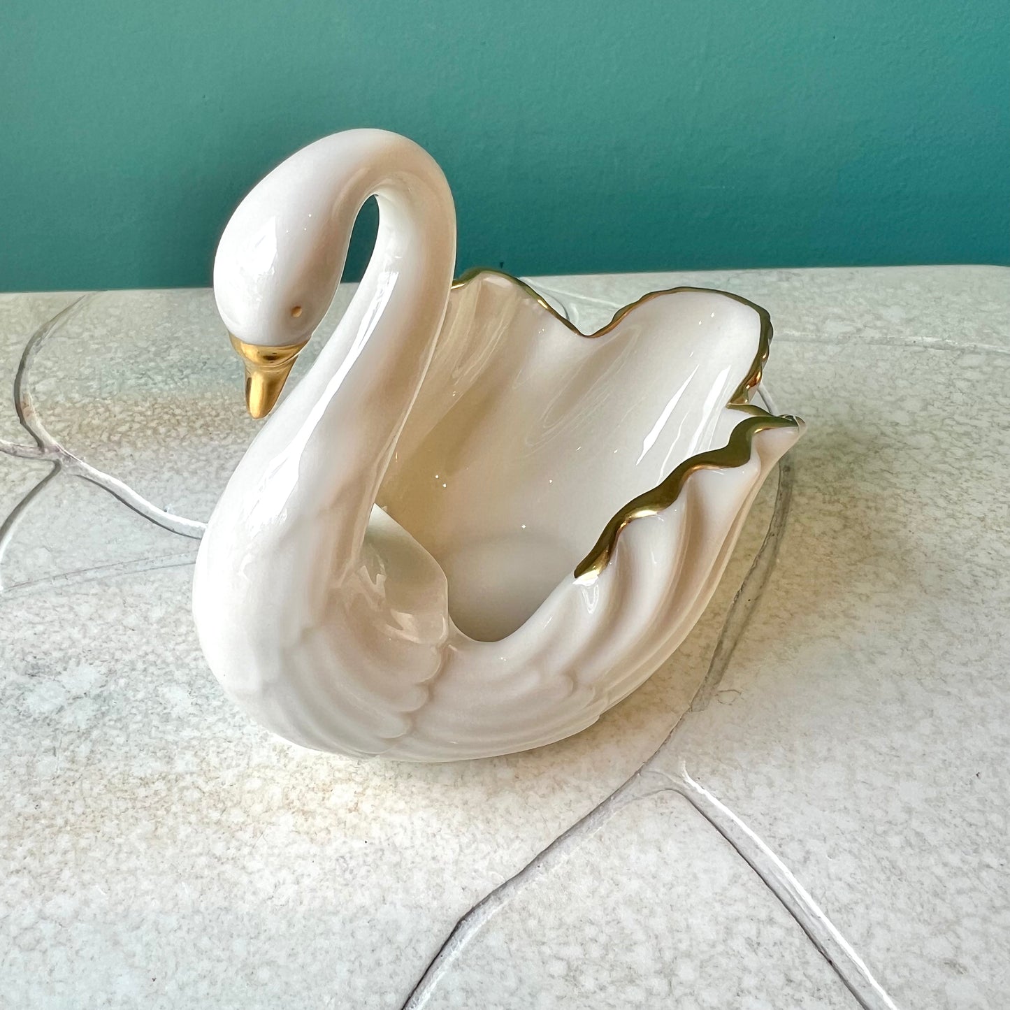 Vintage White Porcelain and Gold Swan Ring Dish By Lenox