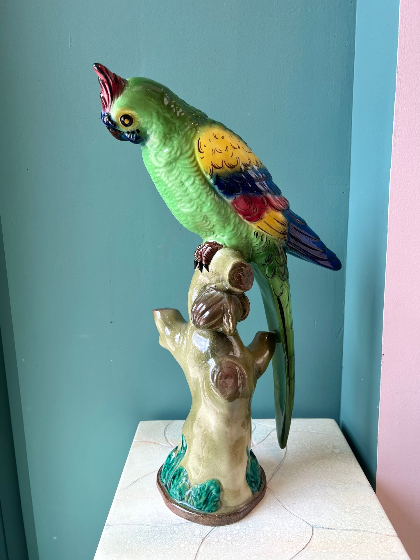 Vintage Hand Painted Ceramic Italian Parrot Statue