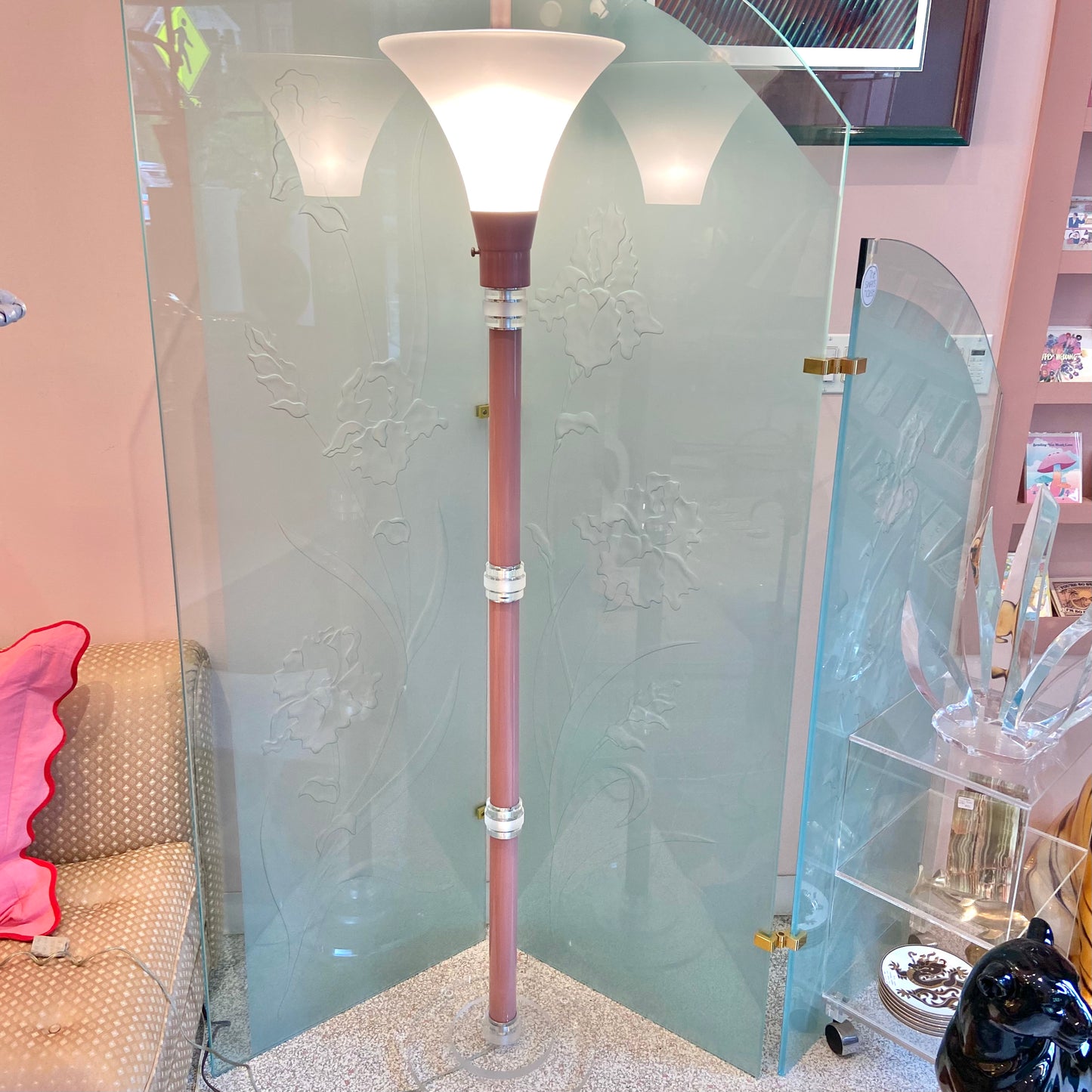 1980’s Pink Stacked Lucite Torchiere Floor Lamp/item