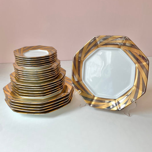 Vintage Fitz and Floyd Hexagonal "Capri Platinée" Dinnerware Set -24 Pieces