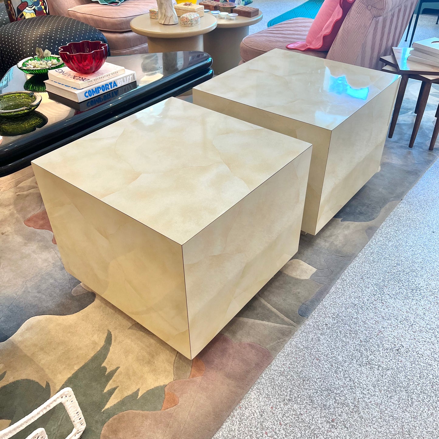 1980's Faux Goatskin Laminate Cube Side Table/item