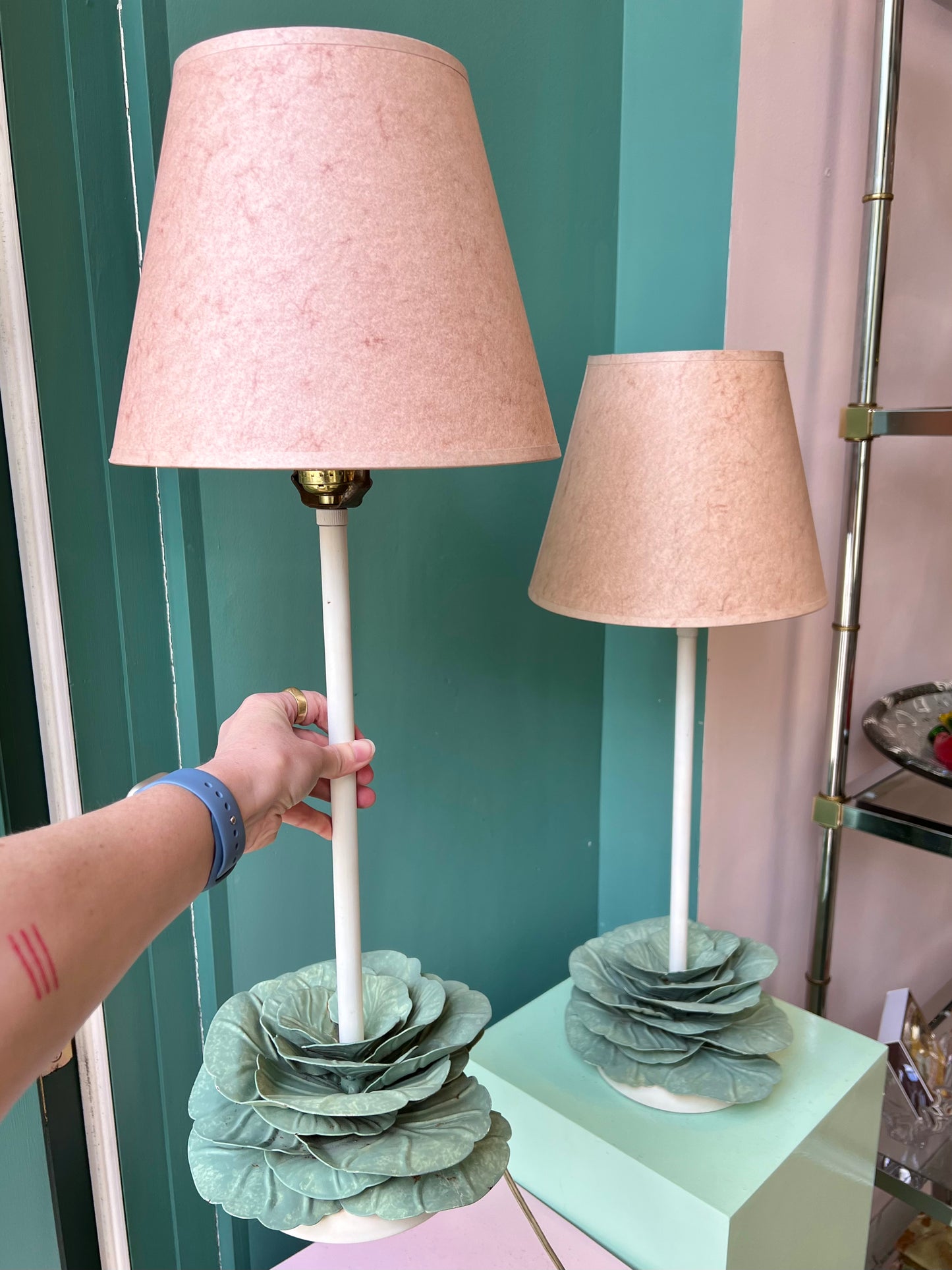 Pair of Vintage Metal Cabbage Lamps with Blush Shades