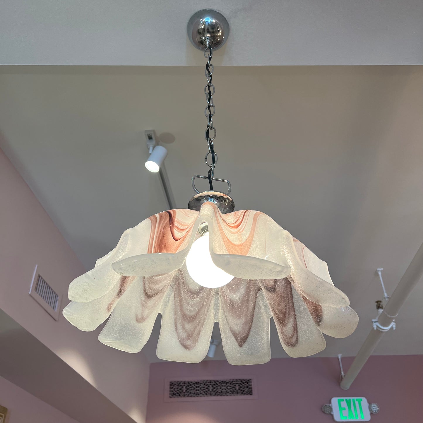 Vintage Murano Style Burgundy and Frosted Glass Pendant Chandelier