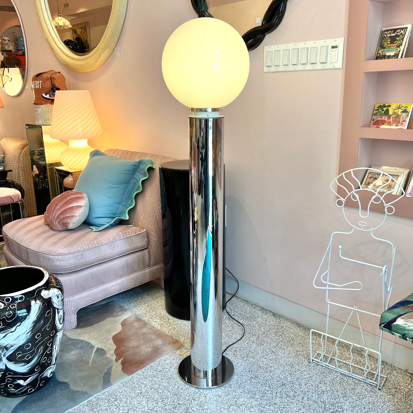 ON HOLD Vintage Chrome Floor Lamp with Large Glass Globe by Robert Sonneman