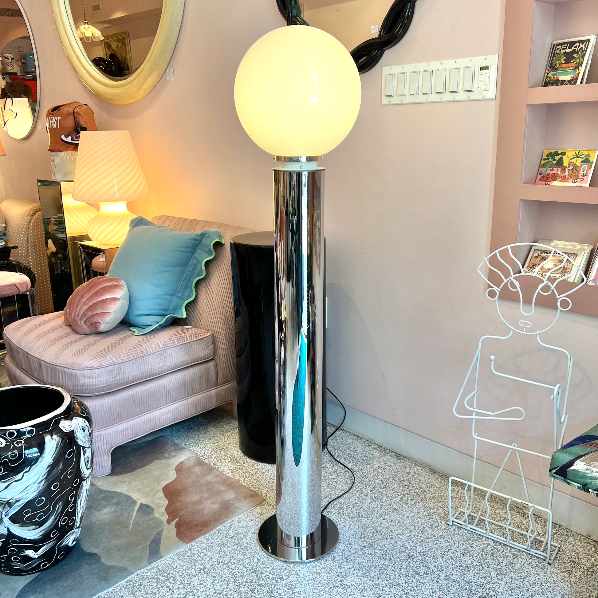 Vintage Chrome Floor Lamp with Large Glass Globe by Robert