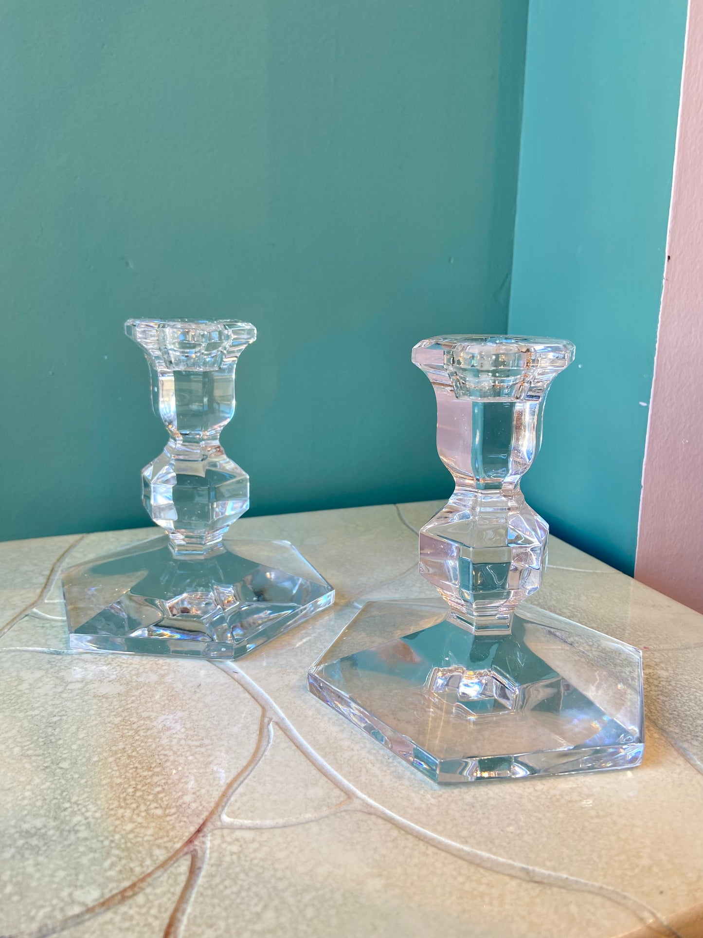 Pair of Vintage Crystal Candle Holders by Val St. Lambert