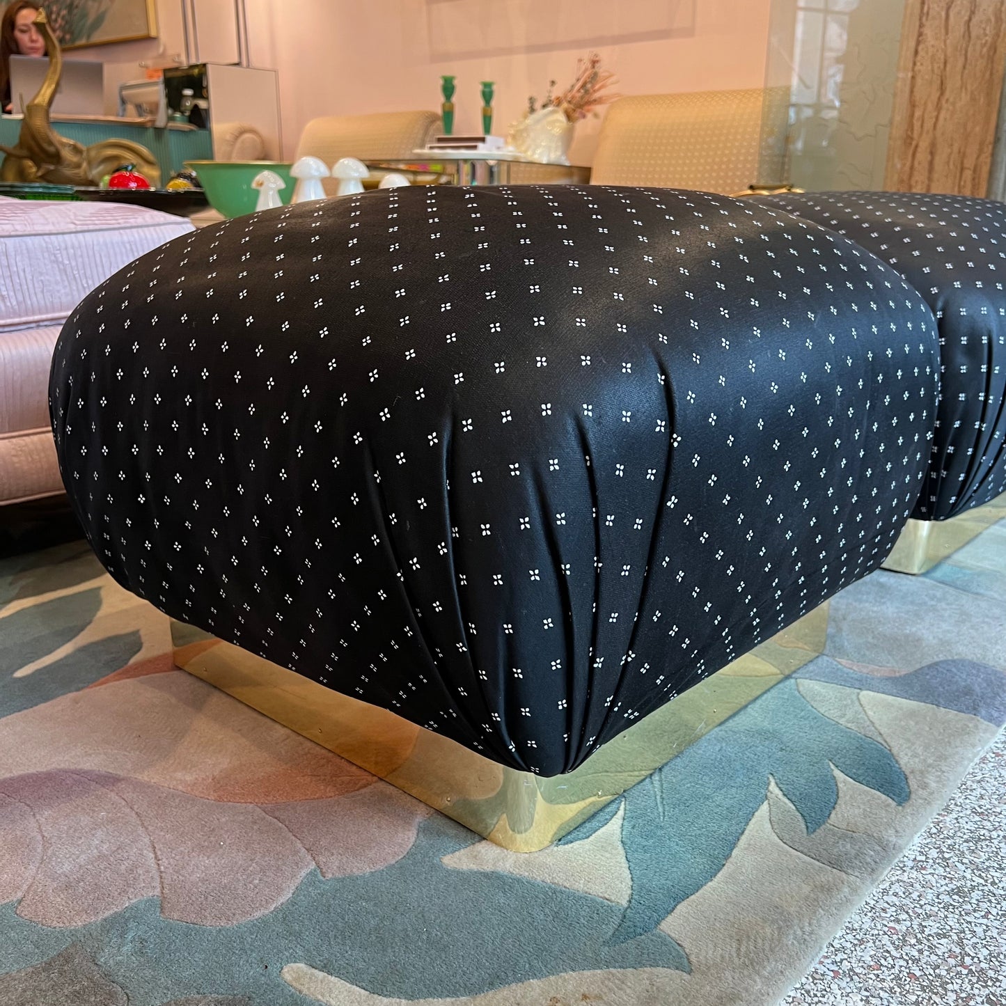 Vintage Pair of Marge Carson Style Black and White Ottoman with Brass Base