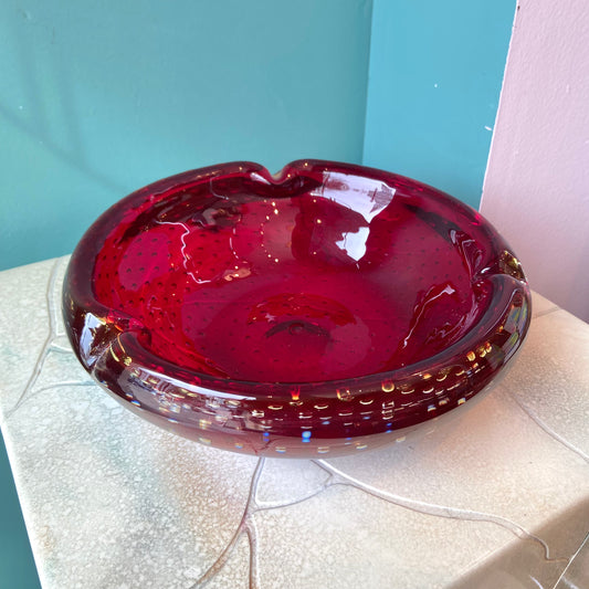 Large Vintage Garnet Bullicante Glass Ashtray