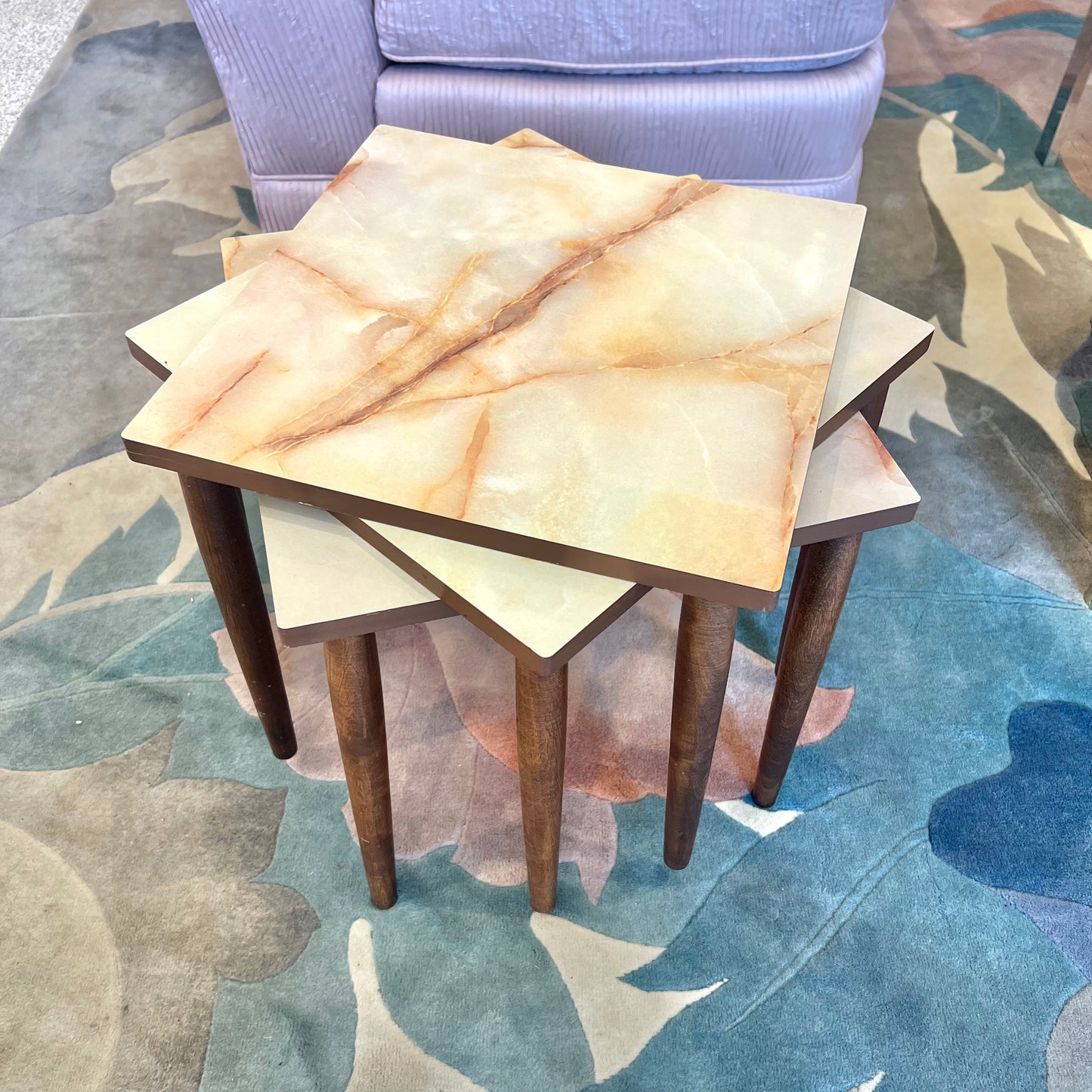 Set of 3 Mid Century Faux Marble and Walnut Stacking Side Tables
